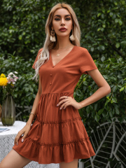 OMONSIM Wholesale Casual Loose Pleated V-Neck Mini Dress For Women