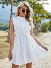 OMONSIM Wholesale Casual Loose Fashion Front Buckle Tied Belt Round Neck Sleeveless Dress For Women