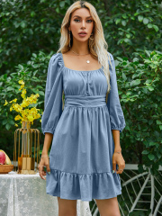 OMONSIM Wholesale Casual Loose Pleated Ruffles Tight Waist Mini Dresses For Women