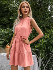 OMONSIM Wholesale Casual Loose Fashion Front Buckle Tied Belt Round Neck Sleeveless Dress For Women