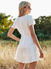OMONSIM Wholesale Casual Loose Pleated V-Neck Mini Dress For Women