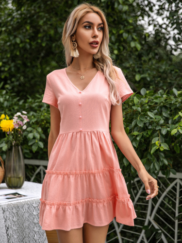 OMONSIM Wholesale Casual Loose Pleated V-Neck Mini Dress For Women