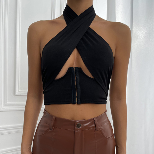 OMONSIM Wholesale Fashion Breasted Women Summer Off Shoulder Tank Tops Sexy Black Push Up Hollow Crop Tops