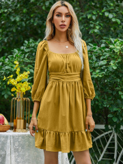 OMONSIM Wholesale Casual Loose Pleated Ruffles Tight Waist Mini Dresses For Women
