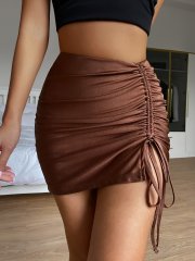 OMONSIM Wholesale Tight Sexy New Style Pleated Tie Rope Browen Color Mini Short Skirt For Women