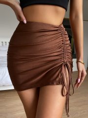 OMONSIM Wholesale Tight Sexy New Style Pleated Tie Rope Browen Color Mini Short Skirt For Women