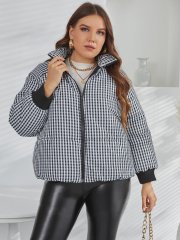 OMONSIM Wholesale Plus Size Gingham Zip Up Raglan Sleeve Puffer Coat Winter Coat For Women Thicken Loose Jacket