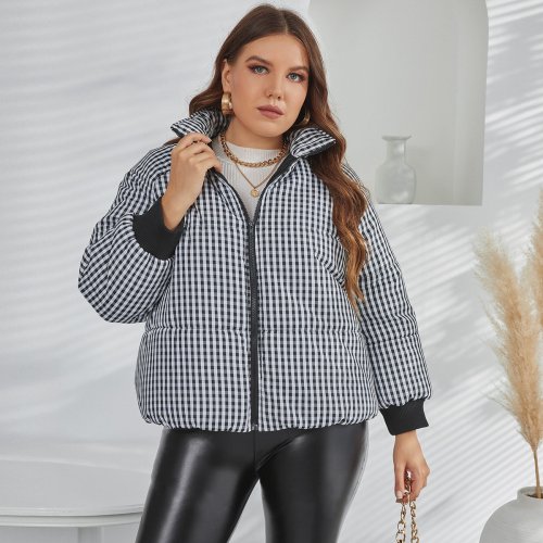 OMONSIM Wholesale Plus Size Gingham Zip Up Raglan Sleeve Puffer Coat Winter Coat For Women Thicken Loose Jacket
