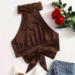 OMONSIM Wholesale Women Sexy Camis Tank Top Halter Satin Lace Up Sleeveless Party Camisole