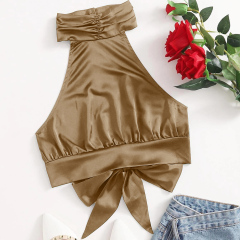 OMONSIM Wholesale Women Sexy Camis Tank Top Halter Satin Lace Up Sleeveless Party Camisole