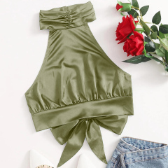 OMONSIM Wholesale Women Sexy Camis Tank Top Halter Satin Lace Up Sleeveless Party Camisole