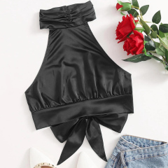 OMONSIM Wholesale Women Sexy Camis Tank Top Halter Satin Lace Up Sleeveless Party Camisole