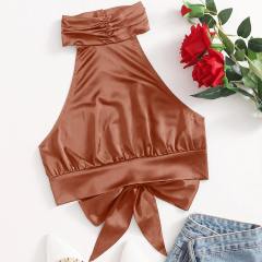 OMONSIM Wholesale Women Sexy Camis Tank Top Halter Satin Lace Up Sleeveless Party Camisole