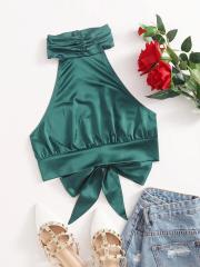 OMONSIM Wholesale Women Sexy Camis Tank Top Halter Satin Lace Up Sleeveless Party Camisole