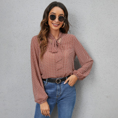 OMONSIM Wholesale Women Casual Blouses For Work Clothing Tie Neck Allover Print Lantern Sleeve Blouse