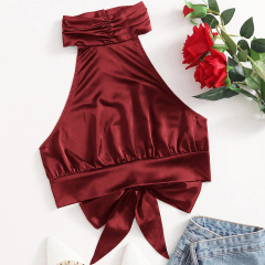 OMONSIM Wholesale Women Sexy Camis Tank Top Halter Satin Lace Up Sleeveless Party Camisole