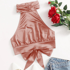 OMONSIM Wholesale Women Sexy Camis Tank Top Halter Satin Lace Up Sleeveless Party Camisole