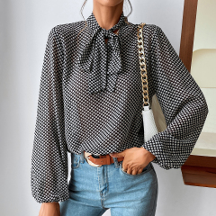 OMONSIM Wholesale Women Casual Blouses For Work Clothing Tie Neck Allover Print Lantern Sleeve Blouse