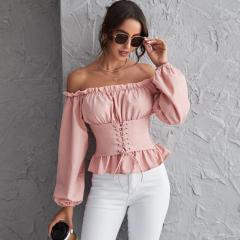 OMONSIM Wholesale Off Shoulder Long Sleeve Tops Lace Up Shirred Back Peplum Blouses Fashion Ruffles Skinny Shirt