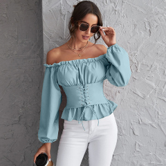 OMONSIM Wholesale Off Shoulder Long Sleeve Tops Lace Up Shirred Back Peplum Blouses Fashion Ruffles Skinny Shirt