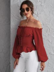 OMONSIM Wholesale Off Shoulder Long Sleeve Tops Lace Up Shirred Back Peplum Blouses Fashion Ruffles Skinny Shirt