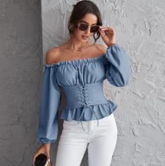 OMONSIM Wholesale Off Shoulder Long Sleeve Tops Lace Up Shirred Back Peplum Blouses Fashion Ruffles Skinny Shirt