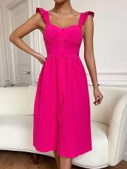 OMONSIM Wholesale Fly Sleeve Wide Shoulder Belt Front Row Small Button Rose Red Dress