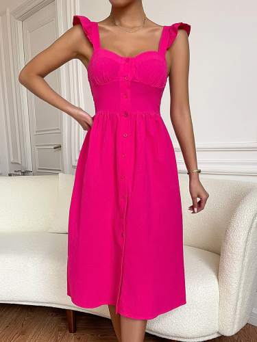 OMONSIM Wholesale Fly Sleeve Wide Shoulder Belt Front Row Small Button Rose Red Dress