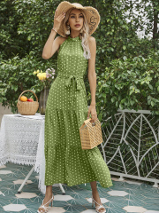 OMONSIM Wholesale Fashion Hanging Neck Round White Dot Solid Color Belt Sleeveless Maxi Dress