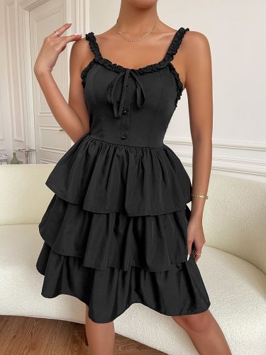 OMONSIM Wholesale Lace Shoulder Strap Black Button Layered Skirt Fashion Party Dress For Women