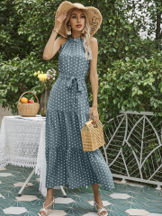 OMONSIM Wholesale Fashion Hanging Neck Round White Dot Solid Color Belt Sleeveless Maxi Dress