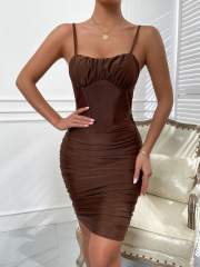 OMONSIM Wholesale Coffee Brown Suspender Sleeveless Chest Cup Tight Sexy Dress For Women