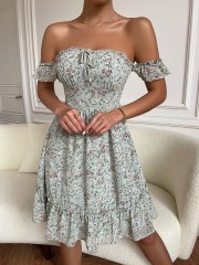 OMONSIM Wholesale Lace Up Floral Mini Sleeve Off Shoulder Short Dress For Women