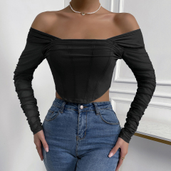 OMONSIM Wholesale Off Shoulder Blouses for Women Long Sleeve Mesh Cuff Sexy Slim Ladies Crop Top Asymmertic Hem Shirts