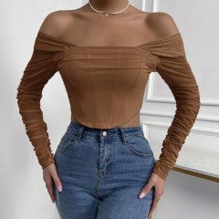 OMONSIM Wholesale Off Shoulder Blouses for Women Long Sleeve Mesh Cuff Sexy Slim Ladies Crop Top Asymmertic Hem Shirts
