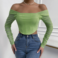 OMONSIM Wholesale Off Shoulder Blouses for Women Long Sleeve Mesh Cuff Sexy Slim Ladies Crop Top Asymmertic Hem Shirts