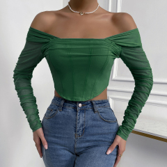 OMONSIM Wholesale Off Shoulder Blouses for Women Long Sleeve Mesh Cuff Sexy Slim Ladies Crop Top Asymmertic Hem Shirts
