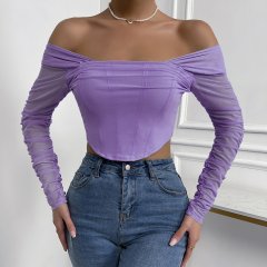 OMONSIM Wholesale Off Shoulder Blouses for Women Long Sleeve Mesh Cuff Sexy Slim Ladies Crop Top Asymmertic Hem Shirts