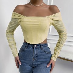 OMONSIM Wholesale Off Shoulder Blouses for Women Long Sleeve Mesh Cuff Sexy Slim Ladies Crop Top Asymmertic Hem Shirts