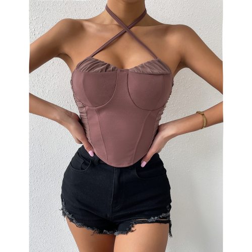 OMONSIM Wholesale Women Sexy Backless Sleeveless Camisole Ruched Curved Hem Bustier Halter Top