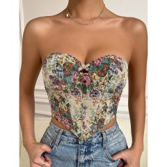 OMONSIM Wholesale Sexy Women Off Shoulder Crop Tops Floral Print Crisscross Hanky Hem Bustier Tube Top