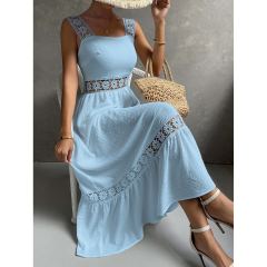 OMONSIM Wholesale Fashion Elegant Womens Sleeveless Long Dresses Guipure Lace Insert Ruffle Hem Dress