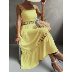 OMONSIM Wholesale Fashion Elegant Womens Sleeveless Long Dresses Guipure Lace Insert Ruffle Hem Dress