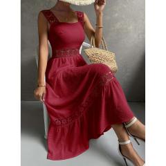 OMONSIM Wholesale Fashion Elegant Womens Sleeveless Long Dresses Guipure Lace Insert Ruffle Hem Dress