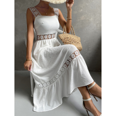 OMONSIM Wholesale Fashion Elegant Womens Sleeveless Long Dresses Guipure Lace Insert Ruffle Hem Dress