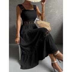 OMONSIM Wholesale Fashion Elegant Womens Sleeveless Long Dresses Guipure Lace Insert Ruffle Hem Dress