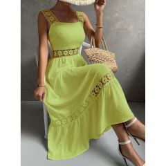 OMONSIM Wholesale Fashion Elegant Womens Sleeveless Long Dresses Guipure Lace Insert Ruffle Hem Dress