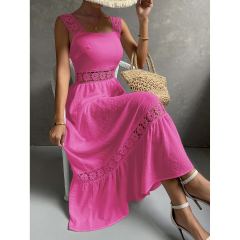 OMONSIM Wholesale Fashion Elegant Womens Sleeveless Long Dresses Guipure Lace Insert Ruffle Hem Dress