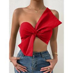 OMONSIM Wholesale Off Shoulder Sexy Women Tops Shirred Back Ruched Bow Front Crop Tube Top