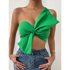 OMONSIM Wholesale Off Shoulder Sexy Women Tops Shirred Back Ruched Bow Front Crop Tube Top